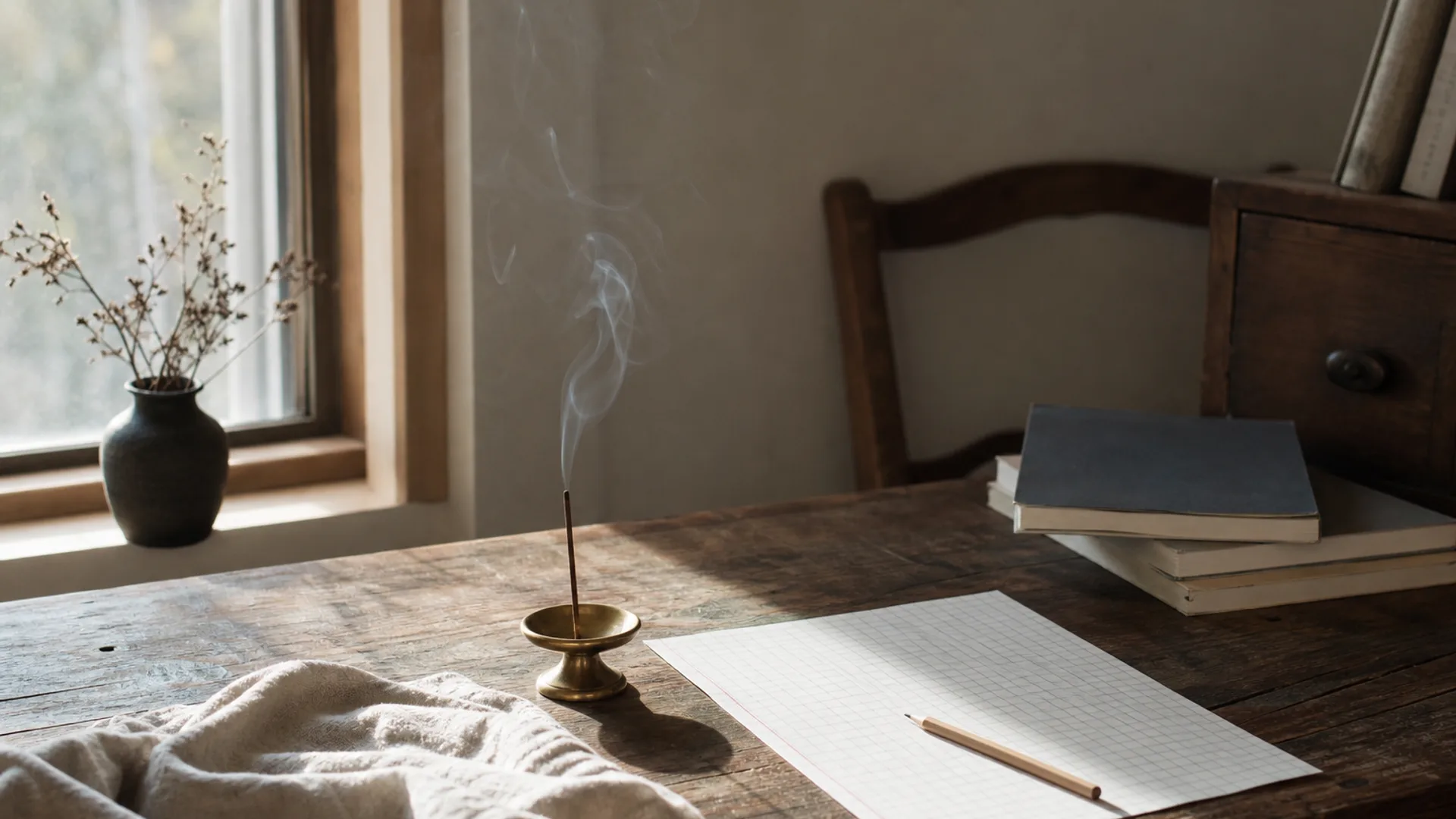 Open book and tea on a wooden table