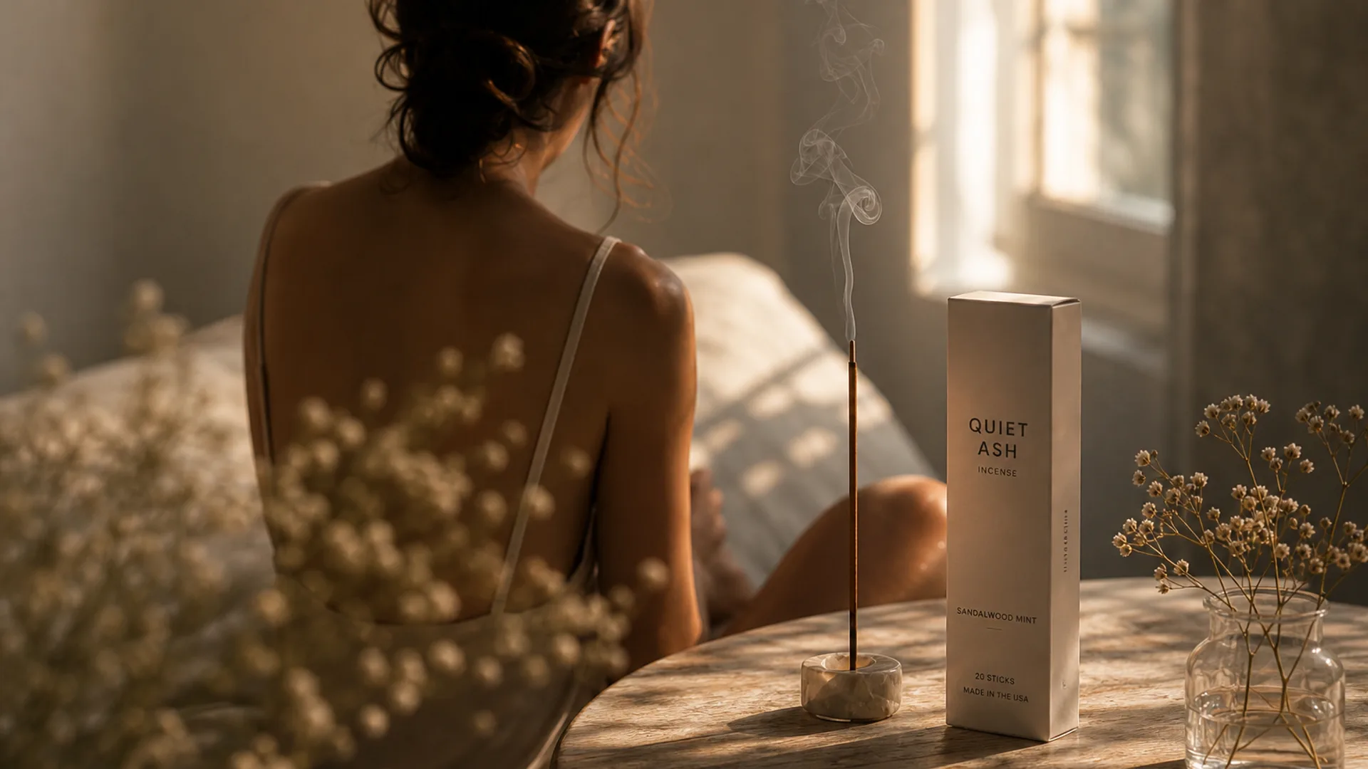 Quiet Ash citrus incense with lemons, flowers, and incense stick in warm light