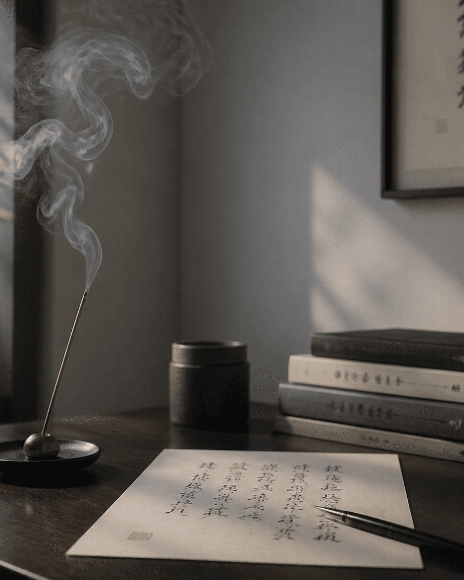 Bronze incense holder on a quiet walnut surface