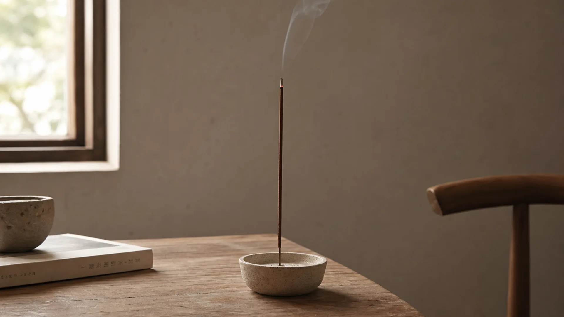 Writing desk with tea and incense in soft daylight