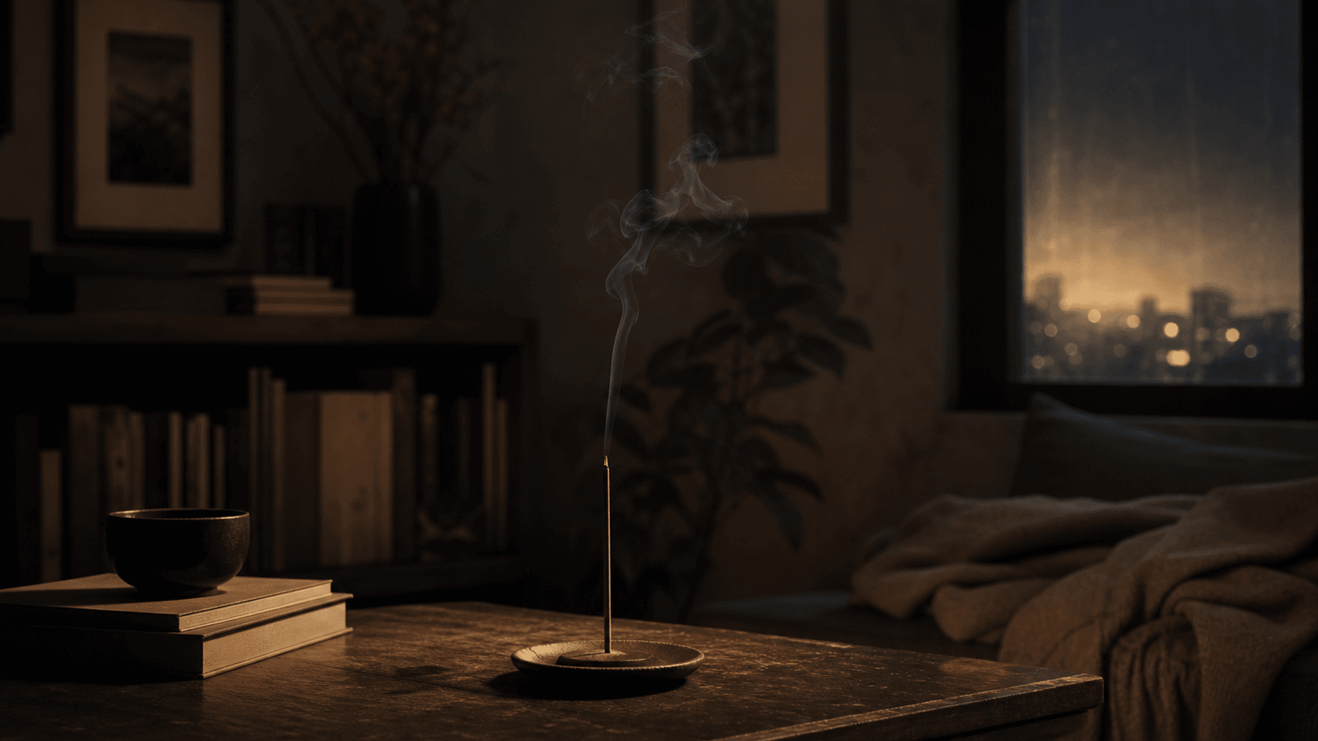 Soft evening light with incense and calm bedroom atmosphere