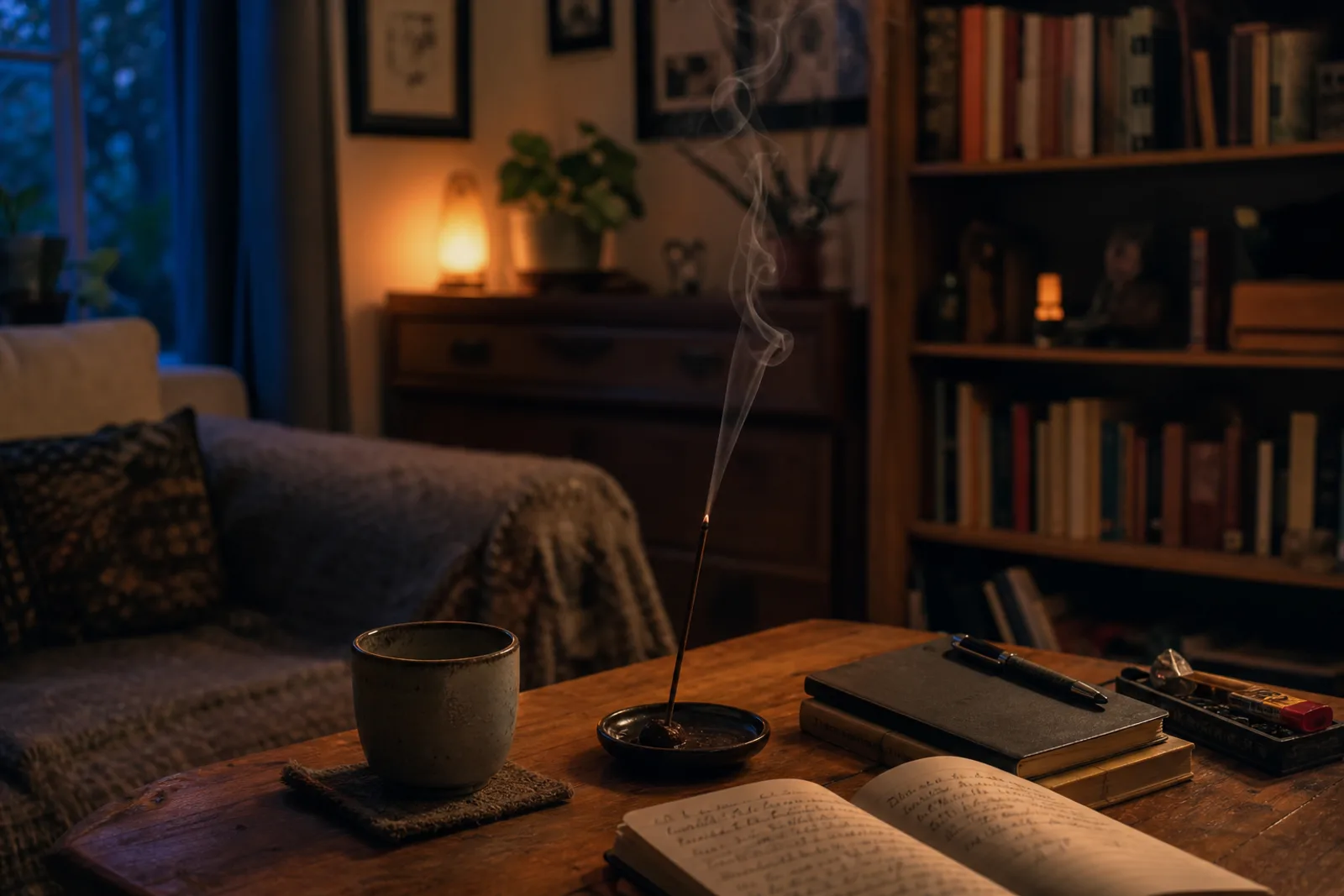 Incense smoke rising in warm evening light